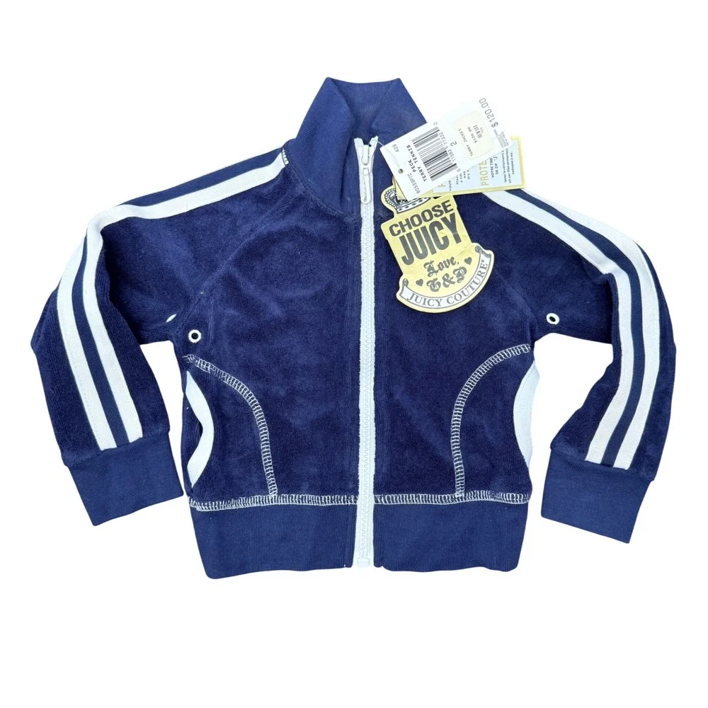 Y2K Juicy Couture Terry Tennis Jacket Kids Size 2 Navy‎ Blue NWT READ Graphic